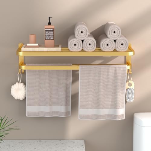 23 Inch Gold Bathroom Towel Rack Towel Shelf with Double Towel Bars Lavatory Wall Mount Holder with Hooks Golden Stainless Steel Hotel Bath Rack - Image 6