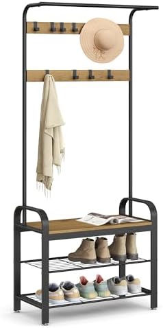 VASAGLE Coat Rack, Hall Tree with Shoe Bench, 4-in-1, 9 Removable Hooks by VASAGLEbySONGMICSHOME