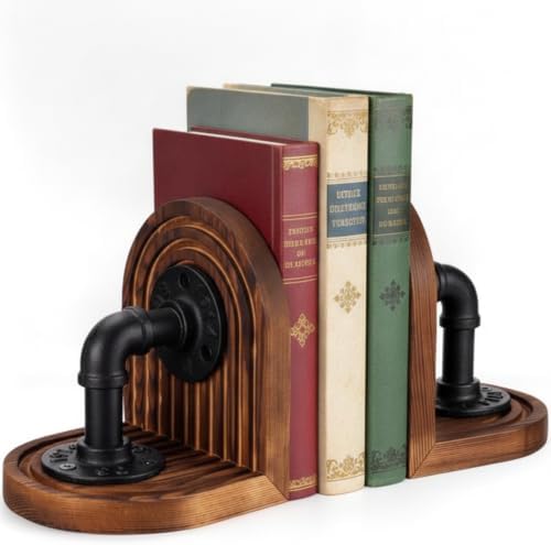 Rustic 6.1x5in Wood Decorative Bookends for Shelves Industrial Pipe Design by Mifoci