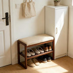 Small Upholstered Shoe Bench with Walnut Finish, Solid Wood & Memory Foam Cushion, No Assembly Needed, Narrow 2-Tier Mudroom Shoe Rack Bench for Entryway, Hallway, Front Door by kikiumi