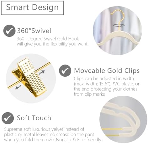 MIZGI Premium Velvet Pants Hangers with Adjustable Clips (Pack of 30) Slim Skirt Hangers- Non Slip Felt Outfit Dress Hangers Ivory - Gold Hooks,Space Saving Shirt Clothes Hangers - Image 6