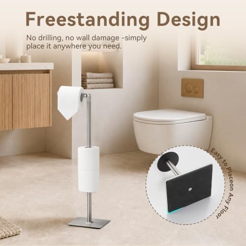 Freestanding Bathroom Tissue Stand with 180° Rotating Arm, 3-Roll Metal Holder, Rustproof Brushed Nickel - Image 4