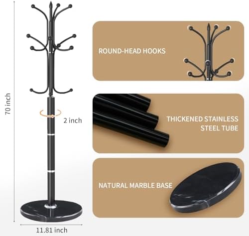 Metal Coat Rack Stand, Modern Freestanding Coat Rack with Natural Marble Base, Black Coat Racks and Coat Hall Tree Hanger Stand with 12 Hooks for Entryway, Hallway, Office - Image 2