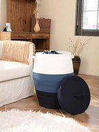 26"x20" Extra Large Tall Woven Laundry Basket with Lid, Cotton Rope Blanket Storage Basket, Freestanding Decorative Bin for Bedroom Living Room, White Denim & Navy - Image 5