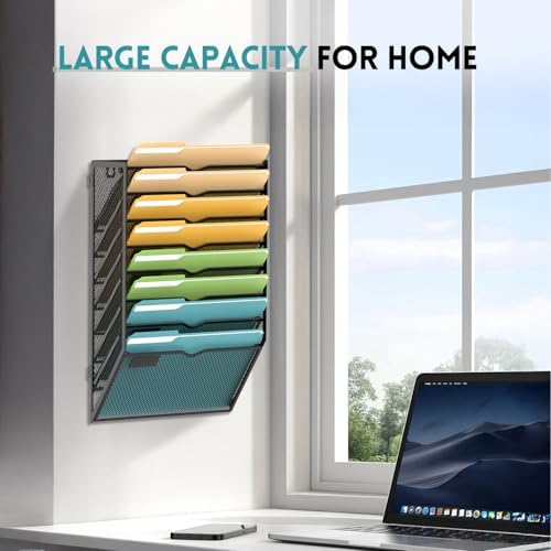 SUPEASY 8 Tier Wall File Organizer, Hanging Wall Mounted Mail Organizer with Label Slots, Metal Mesh File Holder Magazine Rack for Office, Home, School or Classroom, Black - Image 2