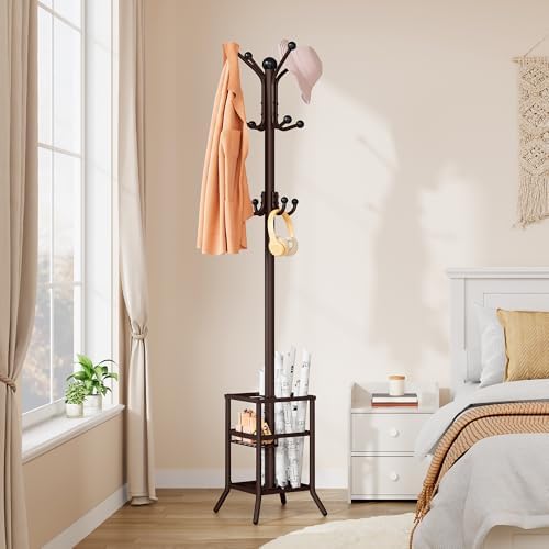 FAVOOSTY Coat Rack Freestanding,Coat Rack Stand with Umbrella Holder,Metal Coat Tree with 12 Hooks,Tree Clothes Hat for Entryway, Hallway, Bedroom, Living Room & Office -Brown - Image 6