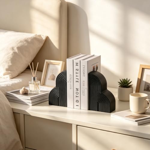 Matte Textured Arch Ceramic Bookends Pair,Heavy Duty Decorative Book Holders,Textured Layered Arch Sculpture Book Stoppers for Shelf Tabletop, Minimalist Modern Home Decor Gift for Book Lovers（Black） - Image 7
