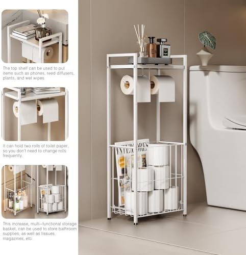 VOLDRA Toilet Paper Holder Stand with Storage Shelf, Free Standing Toilet Paper Roll Holder with Large Basket Heavy Duty Floor Double Tissue Dispenser for Bathroom Freestanding Tp Holder (Matte White) - Image 3