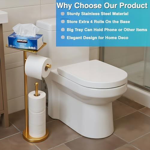 Gold Toilet Paper Holder with Shelf, Freestanding Tissue Holder Stand with Storage Space for Extra 4 Toilet Paper Rolls (Stainless Steel Base, Gold) - Image 2