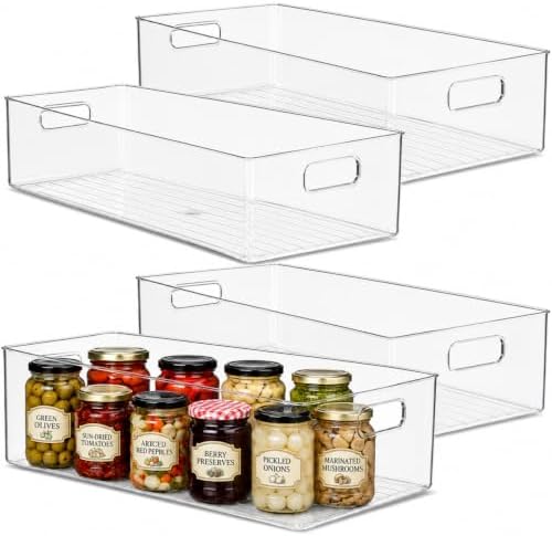 primebox Plastic Food Storage 4 Pack Clear Container Bin with Handles for Organizing Kitchen, Pantry, Refrigerator, Freezer, Pantry, Cabinet, Closet, Bathroom. 20”x8”x5” by primebox