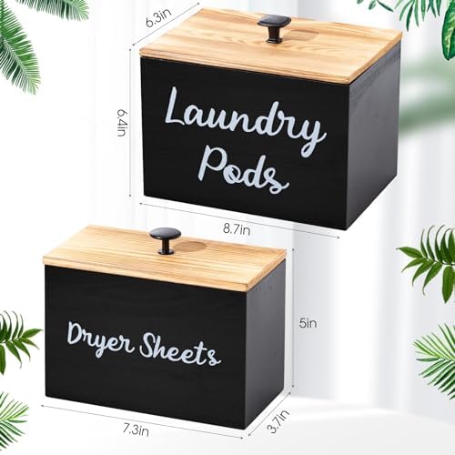 Dandat 2 Pcs Wood Rustic Laundry Dryer Sheet Holder Pod Container with Lid 8.7 x 6.3 x 6.4 Inch Laundry Pod Holder 7.3 x 3.7 x 5 Inch Dryer Sheet Dispenser Wooden Box Container(Black) - Image 2