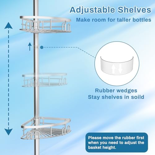 Rustproof Shower Corner Caddy Shelf for Bathroom Tension Pole Organizer with 4 Baskets for Bathtub Shampoo Storage from 23.6 to 114.5 Inch with Towel Bar (Silver) - Image 6