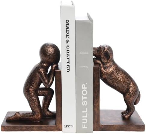 Decorative Bookends for Shelves, Human & Dog Antique Copper Resin Book Ends by Unknown