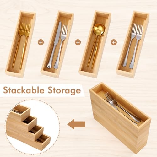 4 Pcs Bamboo Drawer Organizer Stackable Utensil Organizer for Kitchen Bamboo Storage Box Wood Silverware Tray for Drawer, Dresser, Bathroom 12" x 3" x 2" - Image 5