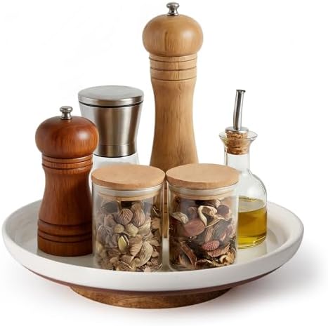 Ceramic Lazy Susan Turntable Organizer, 10.3 Inch Round Rotating Tray with Acacia Wood Base, White Speckled Glazed Spice Rack for Kitchen Countertop, Dining Table,Farmhouse Decor，Khaki White by DOWAN