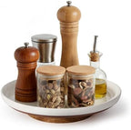 Ceramic Lazy Susan Turntable Organizer, 10.3 Inch Round Rotating Tray with Acacia Wood Base, White Speckled Glazed Spice Rack for Kitchen Countertop, Dining Table,Farmhouse Decor，Khaki White by DOWAN