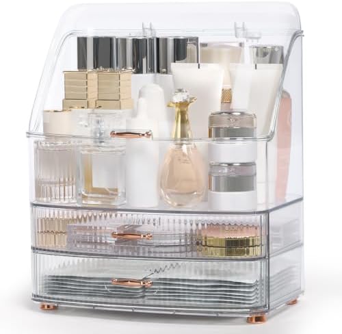 Makeup Organizer Countertop for Vanity with Lid and 2 Drawers, Clear White by Brothersbox