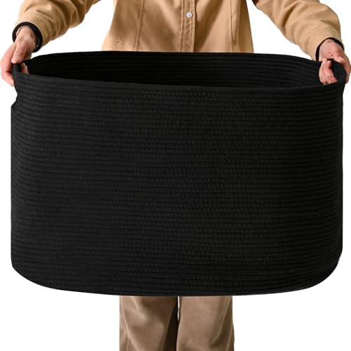 ICERZCZ Large Black Blanket Basket, Storage Baskets for Blankets, Woven Baskets for Storage, Woven Cotton Rope Basket for Toys, Clothes, Shoes, Books, Black, 25”x16”x16” (105L) by ICERZCZ
