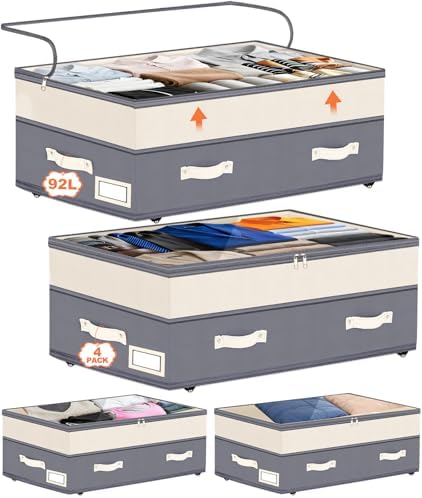 Dolicer 4 Pack Under Bed Storage with Wheels, 6in-10in Height Adjustable Underbed Storage Containers, 92L XXXL Under Bed Drawers Rolling Bin with Clear Lids for Dorm Shoes Clothes Organizer(Dark Grey) by DolicerLANDSCAPEQ