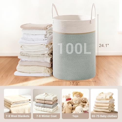 100L Extra Large Tall Cotton Rope Laundry Basket with Handles, Sage Green - Image 2