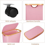 Slim Laundry Basket with Wheels,Narrow Hampers for Laundry,Freestanding Laundry Hamper with Lid&Bamboo Handles,Collapsible & Waterproof Tall Cloth Hamper for Dorm Family(60L Pink) - Image 2