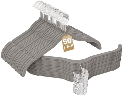 Velvet Shirt Hangers 50 Pack, No Shoulder Bumps for Clothes (Grey) by UEAKPIC
