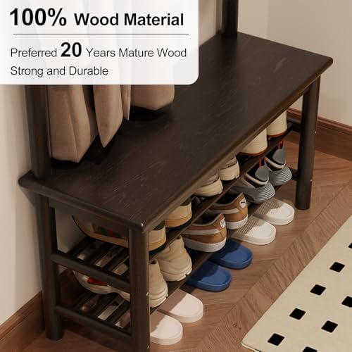 AQIMUELE Coat Rack with Shoe Storage, Wooden Hall Tree with Bench, 11 Hooks and 2-Tier Storage Shelves, 3-in-1, Entryway Bench with Coat Rack (31.5"-Deep Black) - Image 4