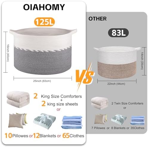 OIAHOMY 125L Extra Large Blanket Basket, Jumbo Cotton Laundry Basket Grey - Image 3