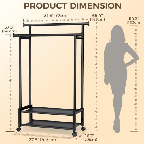 Double Rod Clothing Rack with 2 Shelves, Rolling, Black - Image 3