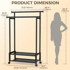 Double Rod Clothing Rack with 2 Shelves, Rolling, Black - Image 3