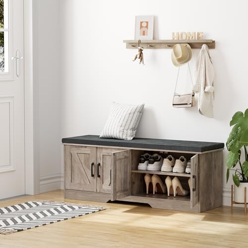 HOMSHO Farmhouse Shoe Storage Bench with 4 Barn Doors & Padded Seat Cushion - Image 2