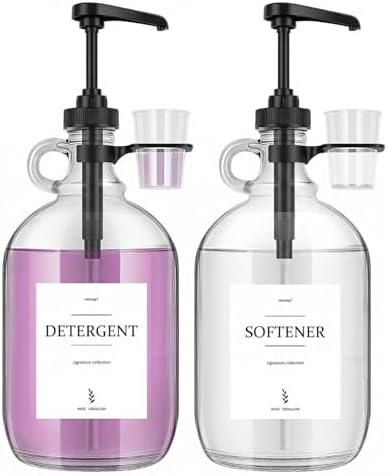 2 Pcs Glass Liquid Laundry Detergent Dispenser with Cup Holders, Half Gallon Dispenser for Laundry Room (64 oz. Each), Laundry Detergent Bottles with Pump Dispenser - (Black Pumps) by onsogi