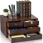 DEAYOU Bamboo Desk Organizer, 100% Natural Bamboo Desktop Drawer Organizer, Dark Brown Tabletop Storage Cabinet Organization Box with 4 Drawer for Makeup, Letter, Home, 3 Layer, Fully Assemble by DEAYOU