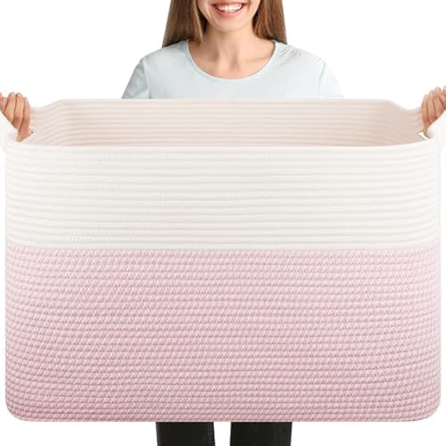 OIASKET 108L Cotton Rope Storage Basket for Living Room and Bedroom 25"x16"x16" Woven Laundry Basket, Heavy Duty Bin for Blankets, Pillows & Toys, Pet-Safe & Scratch-Free, Pink and White by OIASKET