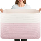 OIASKET 108L Cotton Rope Storage Basket for Living Room and Bedroom 25"x16"x16" Woven Laundry Basket, Heavy Duty Bin for Blankets, Pillows & Toys, Pet-Safe & Scratch-Free, Pink and White by OIASKET