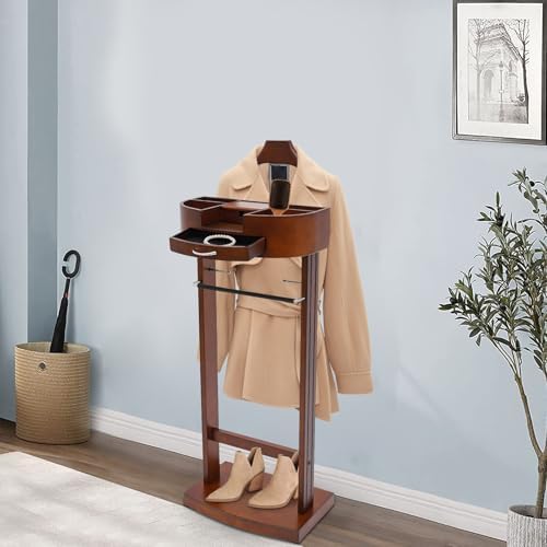 Wood Valet Stand for Men & Women, Freestanding Suit Rack Organizer with Drawer, Top Tray, Contour Hanger, Trouser Bar, Tie/Belt Hooks & Shoe Rack, Garment Stand for Bedroom, Entryway, Office, Hallway - Image 4