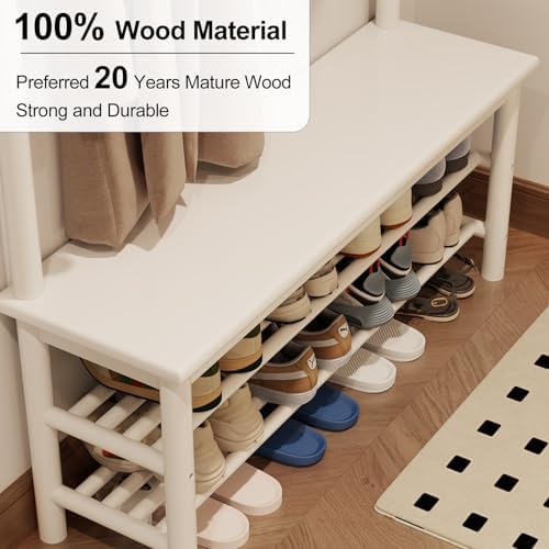 AQIMUELE Coat Rack with Shoe Storage, Wooden Hall Tree with Bench, 11 Hooks and 2-Tier Storage Shelves, 3-in-1, Entryway Bench with Coat Rack (39.3"-Deep White) - Image 4