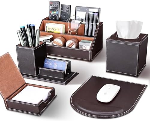 KINGFOM 5PCS Desk Organizer and Accessories Set, Pu Leather Office Supplies with Multifunction Desktop Organizer Storage Box, Tissue Holder, Mouse Pad, Note Paper Holder, Pencil Holder for Desk Brown by KingfomLeatherHomeOfficeDecor