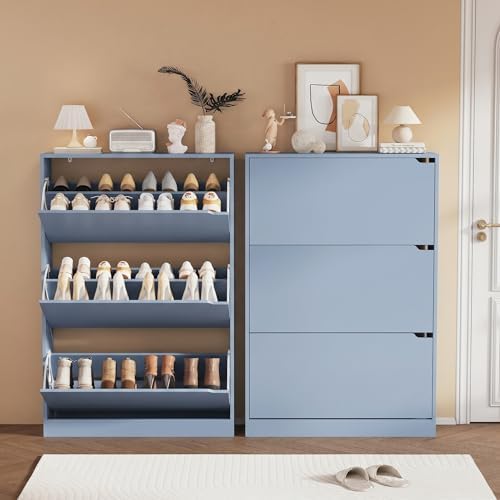 Shoe Storage Cabinet, Wood Shoe Organizer for Entryway with 3 Flip Drawers, Freestanding Shoe Rack with Adjustable Shelf, Narrow Shoe Dresser for Front Door Entrance (Blue, Standard 3 Drawers) - Image 5