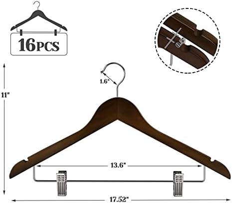 Wooden Clothes Hangers with Clips, 16Pack Wood Skirt Hangers with Clips, High-Grade Selected Walnut Wood Hangers with Sturdy Metal Clips for Pants, Suit, Heavy Winter Coat, Jacket, Formal Dress - Image 2