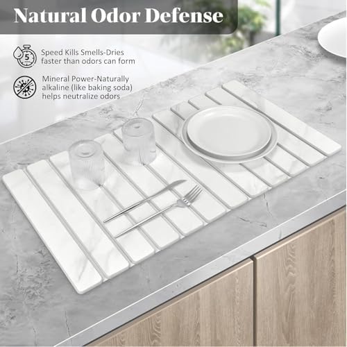 2 PCS Extra Large Stone Dish Drying Mat for Kitchen Counter, Foldable Quick Drying Dish Mats, Super Absorbent Drying Pad, Kitchen Counter Mats for Cups, Dishes, Bottles (White Marble 28"×16" & 8"x4") - Image 3