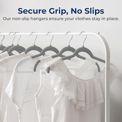 SereneLife 100 Pack Shirt Hangers, Heavy Duty Non-Slip Velvet Hangers with 360° Swivel Hooks, Slim Space-Saving Design for Tops, Jackets, Blouses, & Strappy Dresses (Gray) - Image 3