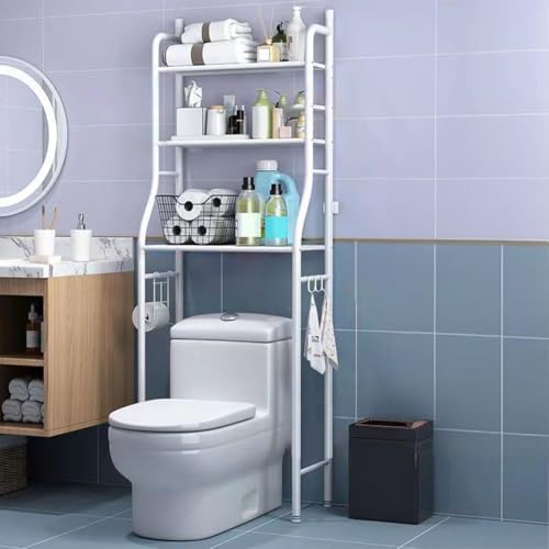 3-Tier Over The Toilet Storage, Freestanding Metal Bathroom Shelves, Above Toilet Storage Rack with Hooks and Paper Holder, Space-Saving, for Bathroom Restroom Laundry, White by BouPower