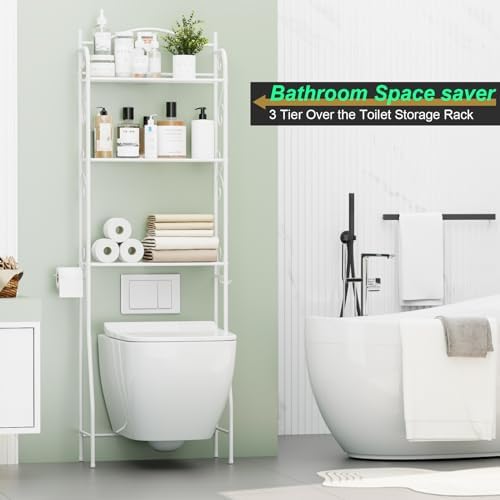 HOME BI Over The Toilet Storage Shelf, 3-Tier Over Toilet Bathroom Organizer Rack, Freestanding Space Saver Toilet Stands with Hooks (White) - Image 6