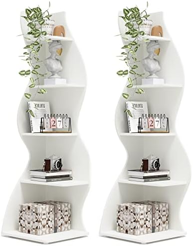 Tribesigns Corner Shelf, Modern 5-Tier Wall Corner Bookshelf Set of Two, Stylish Corner Small Bookcase Storage Rack Plant Stand for Living Room, Home Office, Kitchen, Small Space White, 2PCS by Tribesigns
