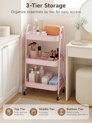 Booklov Rolling Makeup Cart Organizer, 3 Tier Utility Storage Cart, Pink - Image 5