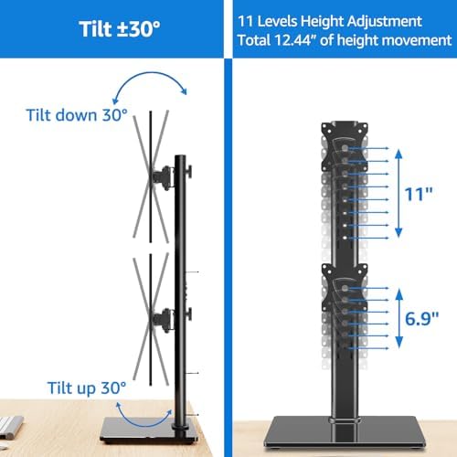 MOUNTUP Vertical Dual Monitor Stand, Stack Two Screens up to 32 inches,33 Lbs, Free-Standing Monitor Desk Mount, Monitor Riser with Swivel, Tilt, Height Adjustable, VESA Stand 100 x 100mm, 75 x 75mm - Image 4