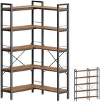 Huuger 5 Tier Bookshelf, L Shaped Corner Bookshelf with 10 Open Shelves, 49.4 Inch Straight Wide Bookcase with Metal Frame and Wooden Board, Adjustable Feet, Rustic Brown by Huuger
