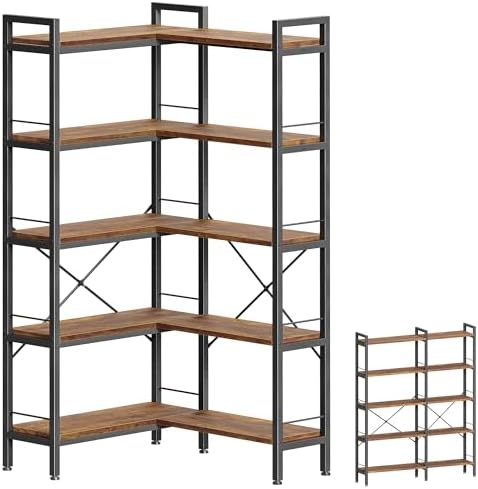 Huuger 5 Tier Bookshelf, L Shaped Corner Bookshelf with 10 Open Shelves, 49.4 Inch Straight Wide Bookcase with Metal Frame and Wooden Board, Adjustable Feet, Rustic Brown by Huuger
