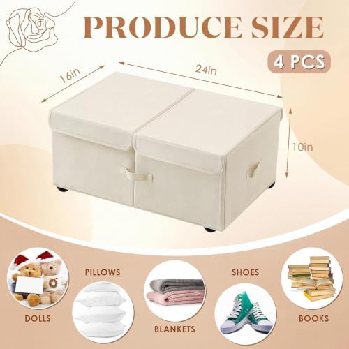 Geelin 4 Pack Under Bed Storage with Wheels, 10 Inch Height 65L Large Capacity Foldable Underbed Storage Bins with Lids & Handles, Easy Assembly Rolling Under Bed Containers for Clothes Blanket, White - Image 2